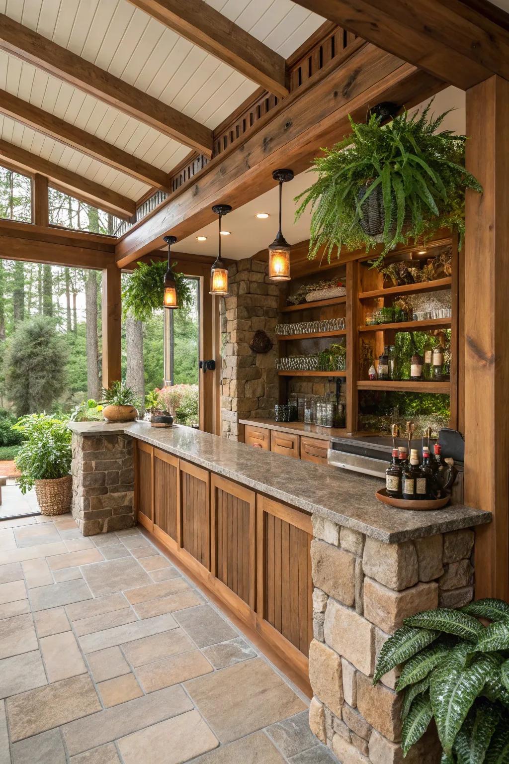 Natural materials bring warmth and an organic touch to your sunroom bar.