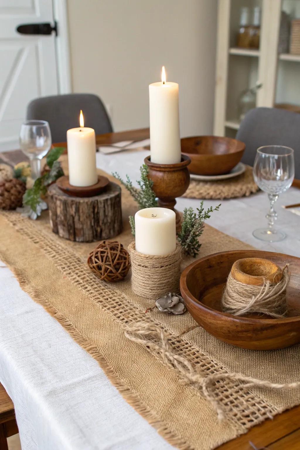 Burlap runners bring rustic charm to any dining table.