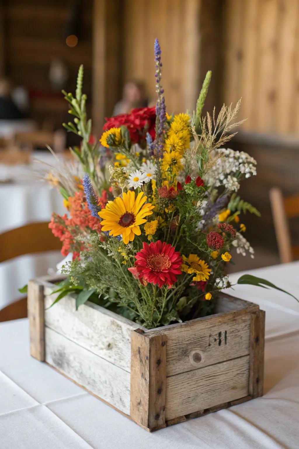 A charming rustic centerpiece featuring wildflowers in a rustic container.