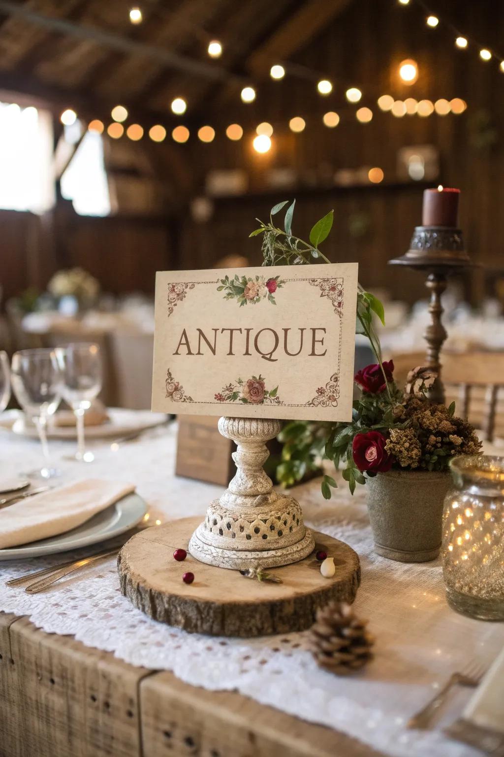 Vintage-inspired table names bring a timeless elegance to your event.