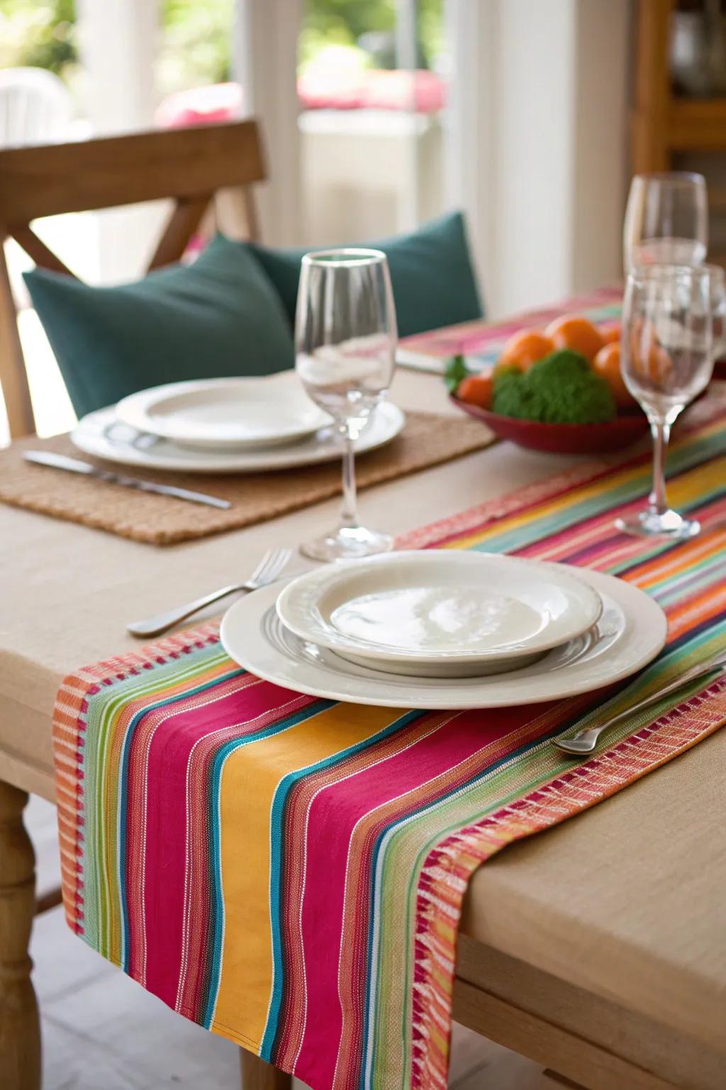 Modern striped table runner for a contemporary dining space.