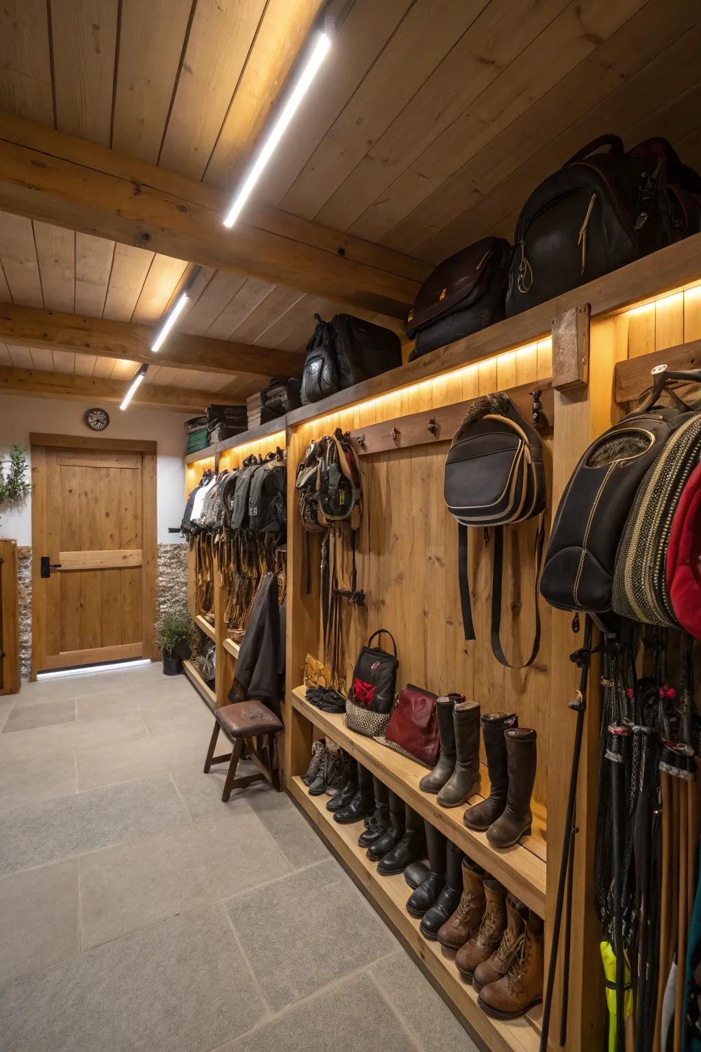 A well-lit tack room with a mix of natural and LED lighting.