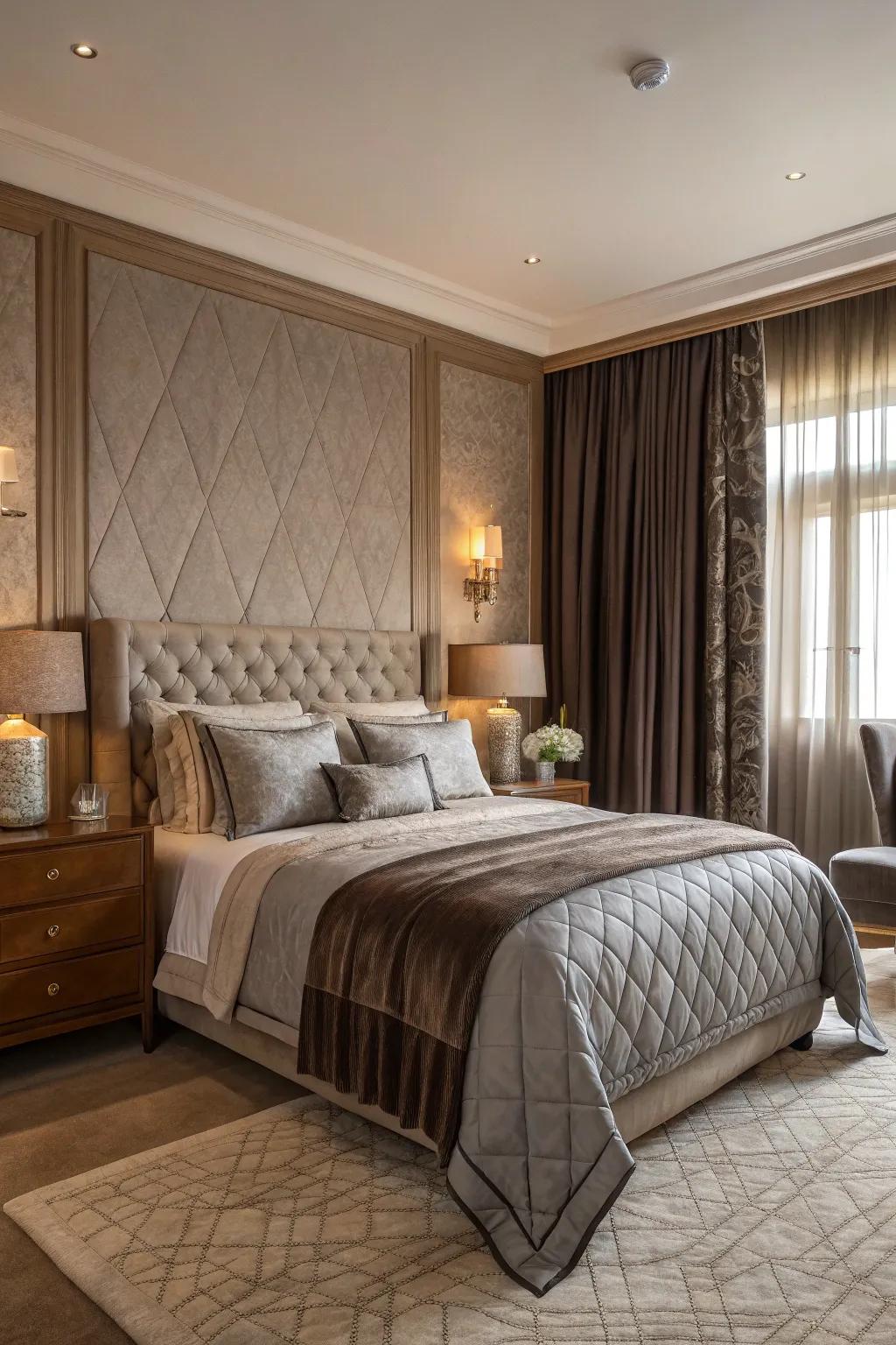 A bedroom showcasing mixed textures in taupe and grey.