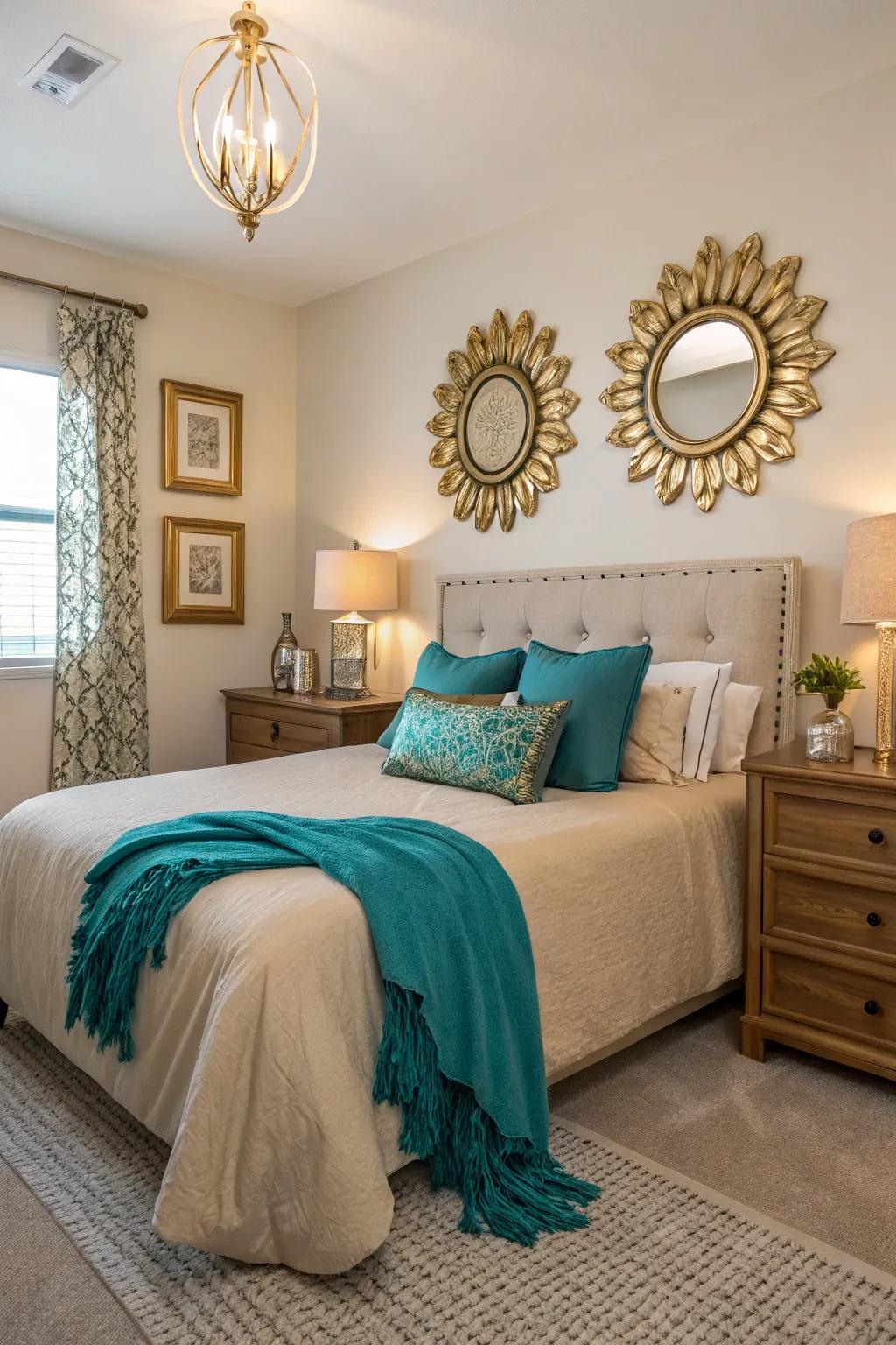 Neutral bedding balances the vibrant teal and gold accents in this cozy bedroom.