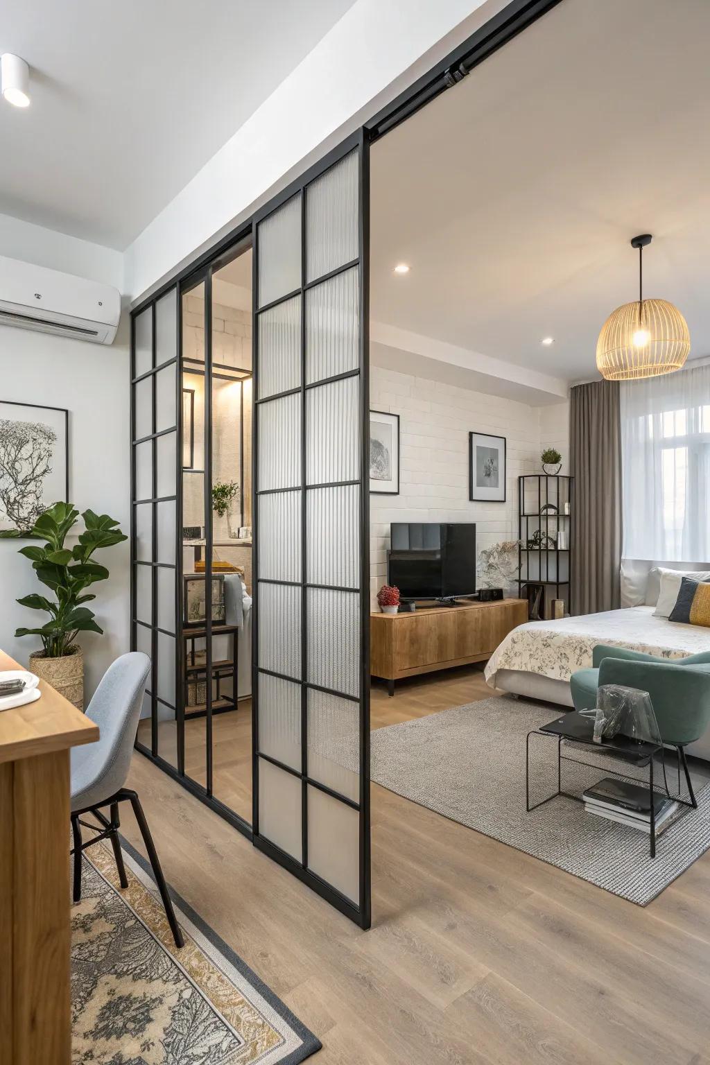 A room divider elegantly partitions a modern studio apartment.