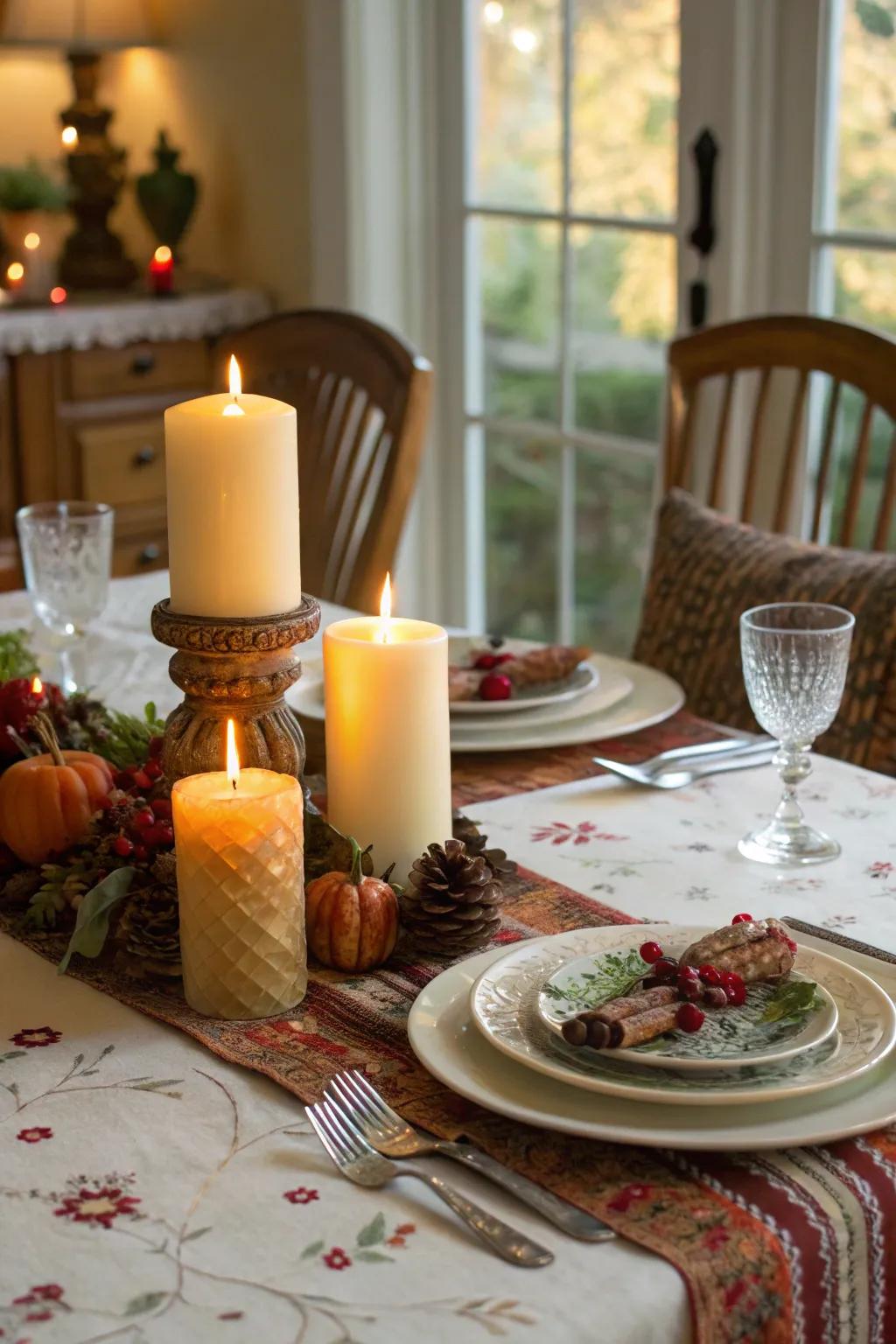 A mix of candles adds warmth and elegance to the table.