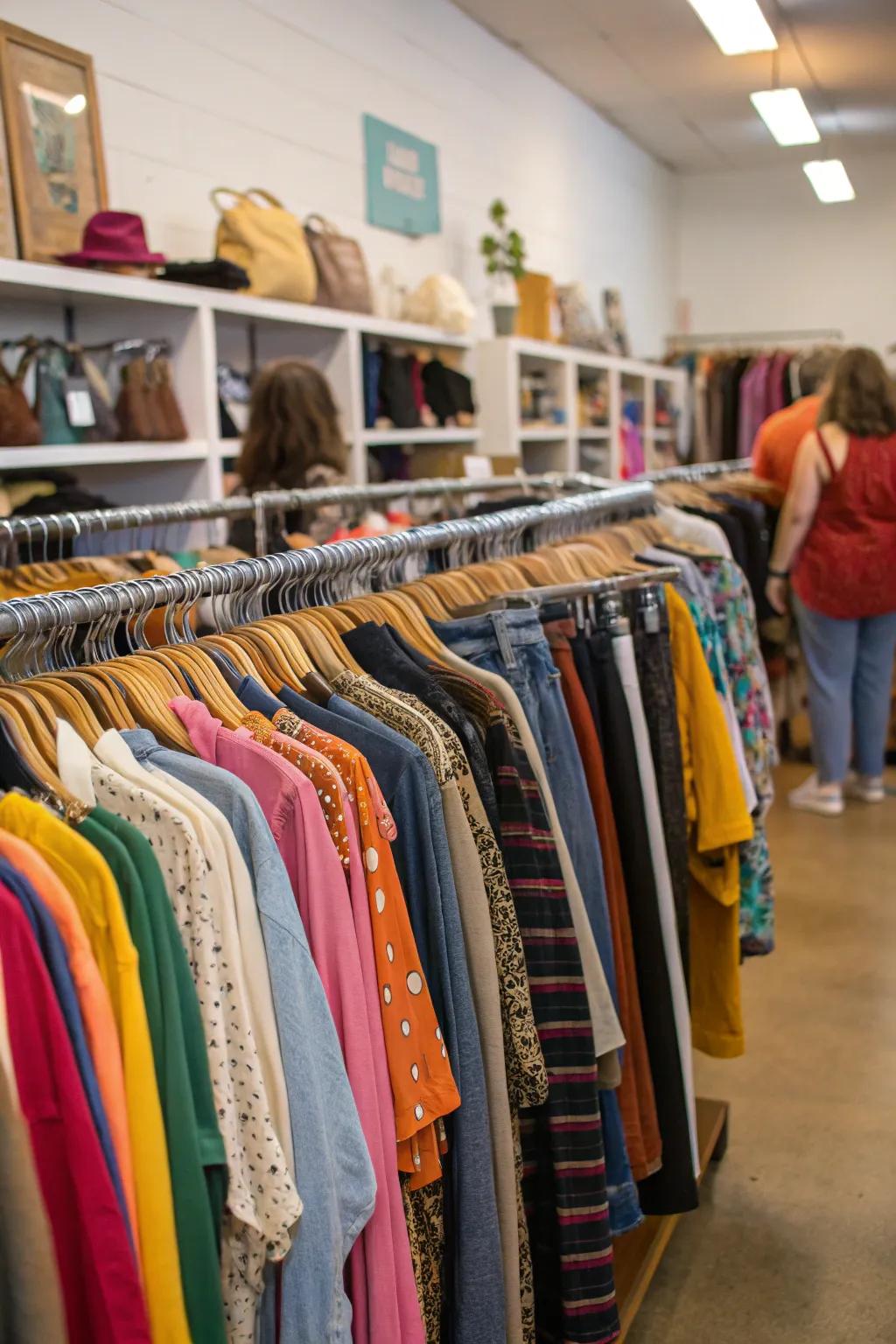 A stylish clothing rack with color-coordinated outfits.