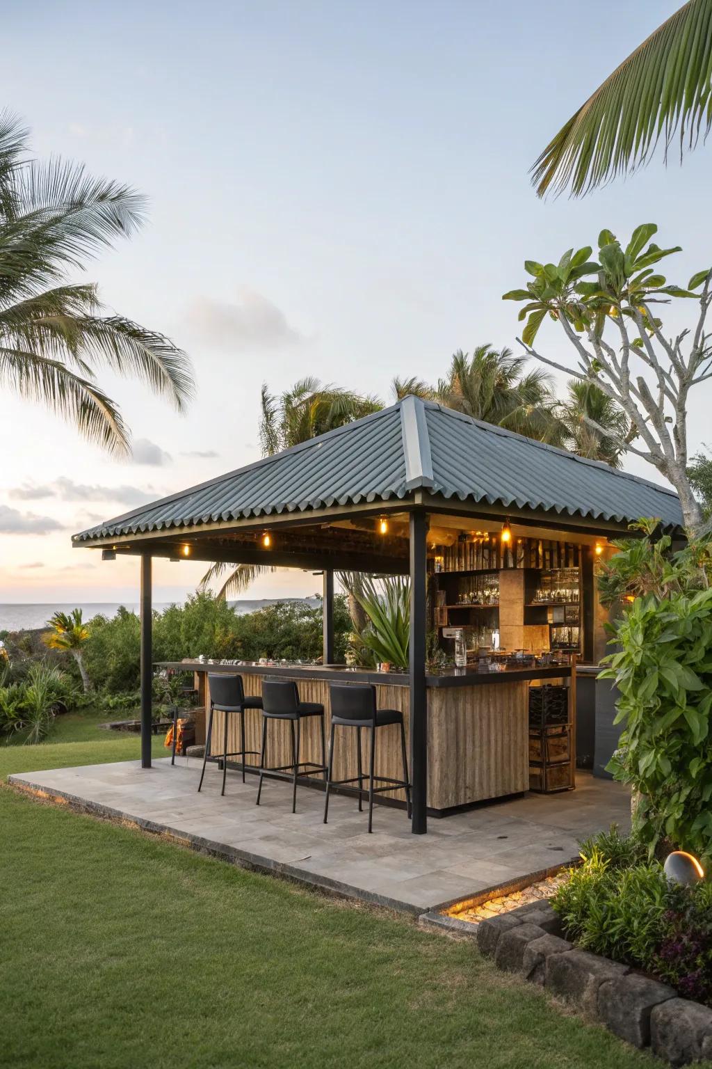 Corrugated metal adds a contemporary edge to your tiki bar.