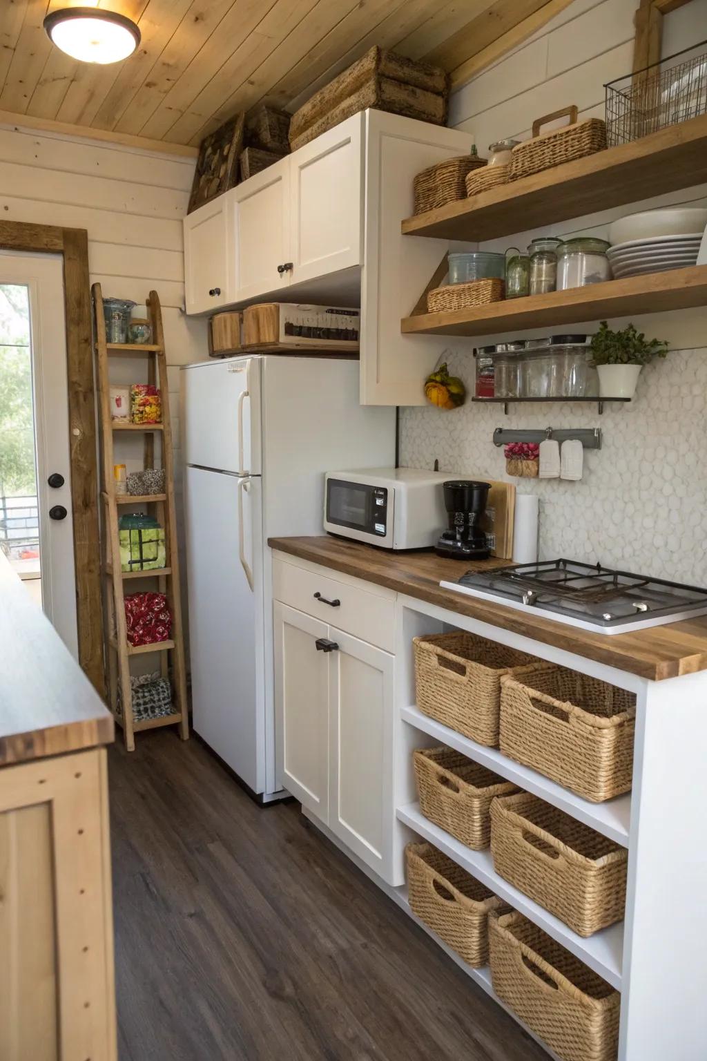 Compact appliances and smart storage make this tiny kitchen highly functional.