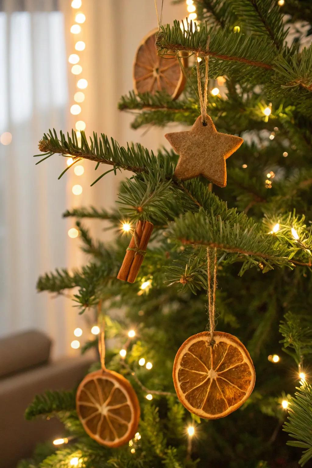 Homemade cinnamon ornaments bring a delightful scent to the tree.