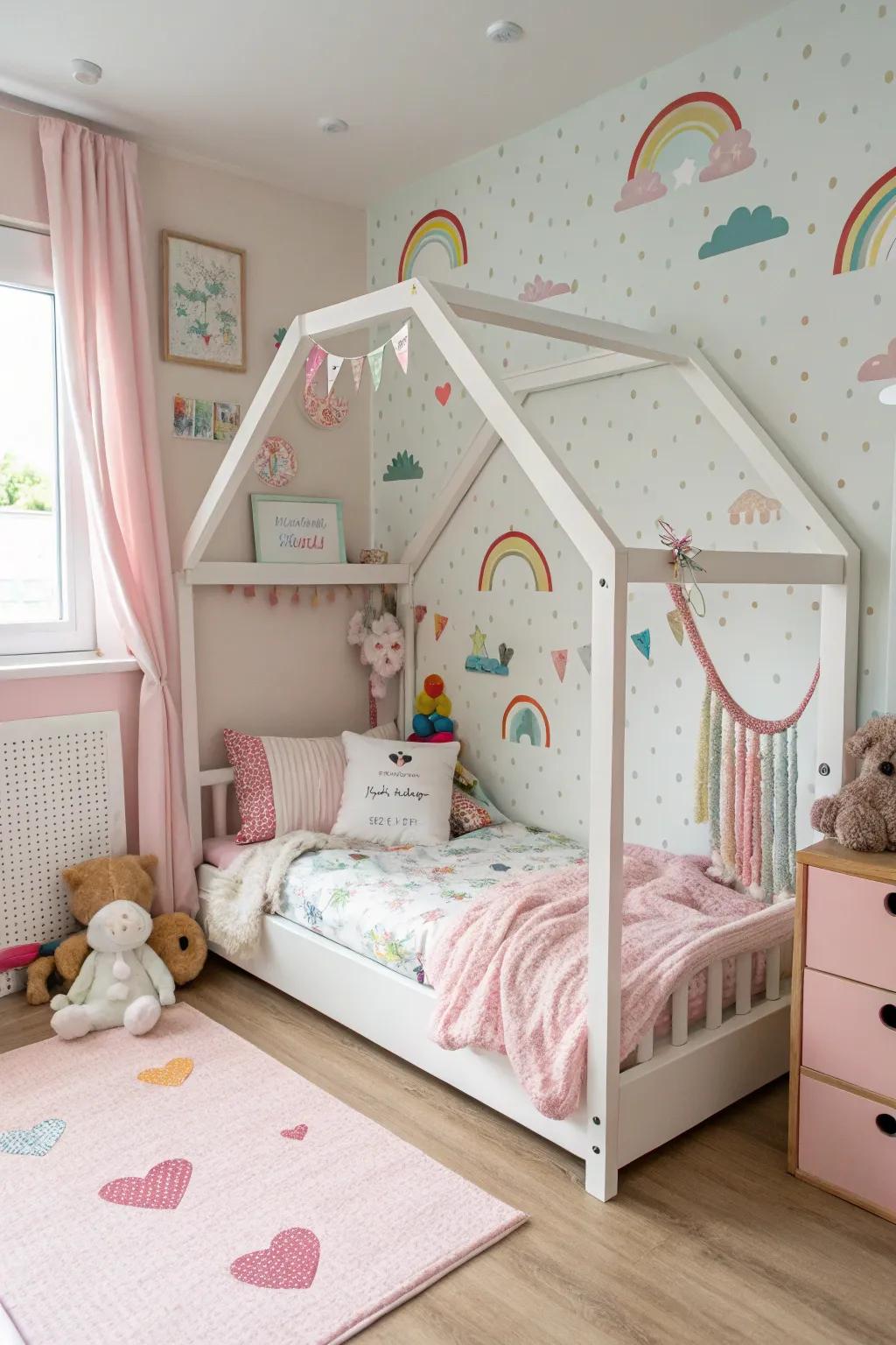 A house-shaped bed serves as both a play area and a charming focal point.