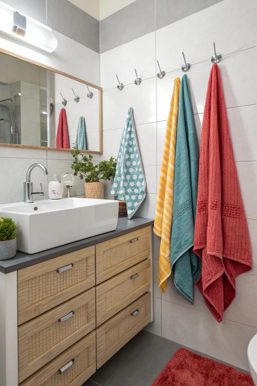 Wall-mounted hooks keep towels tidy and accessible.