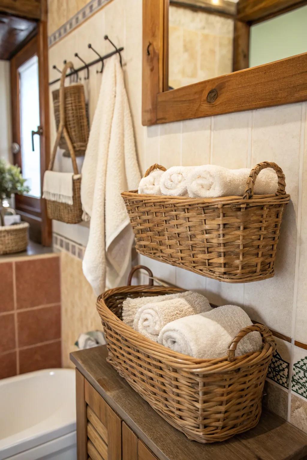 Wall-mounted baskets offer rustic charm and practicality.