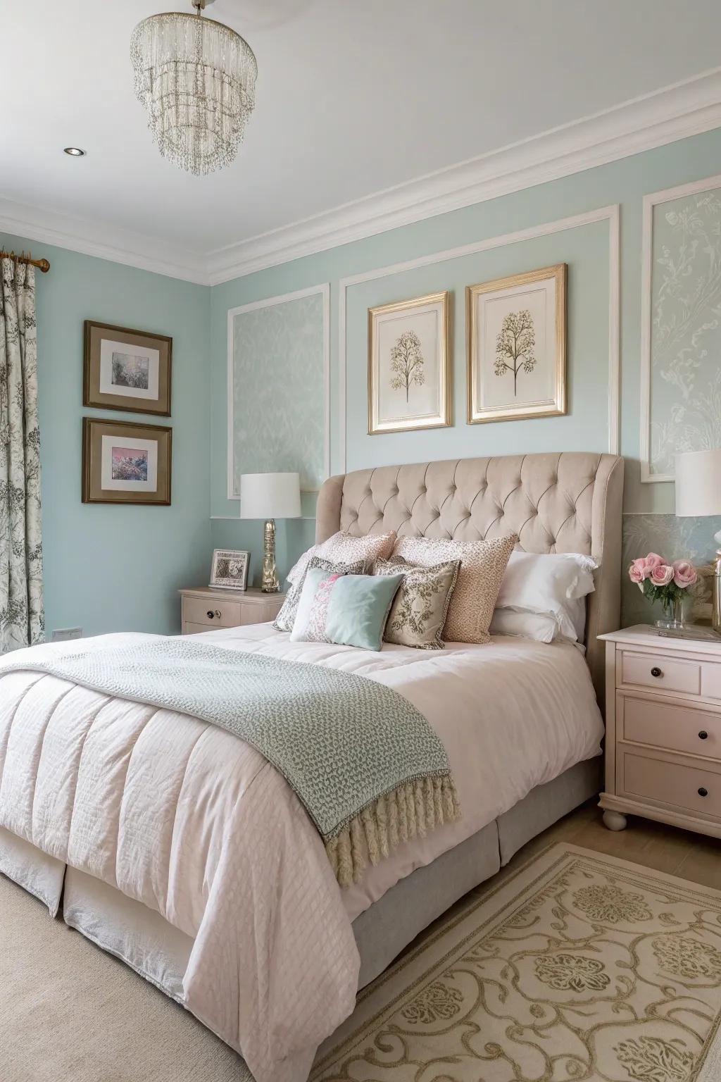 A townhouse bedroom with soft pastel walls for an elegant atmosphere.