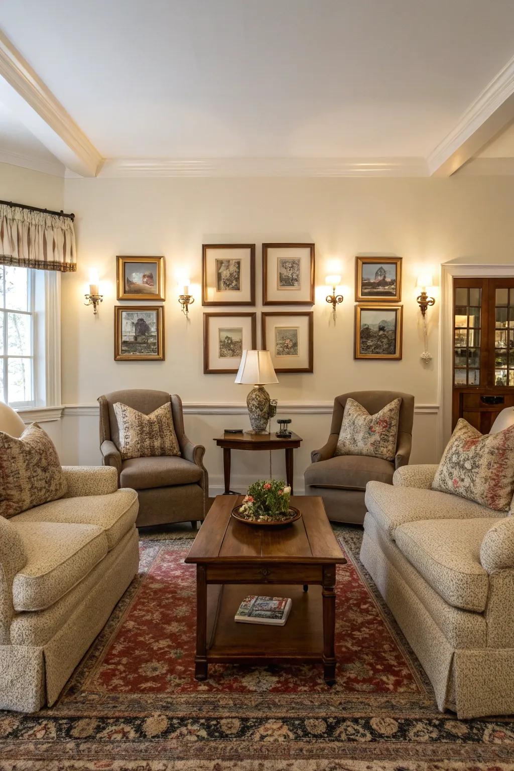 Symmetrical layouts bring harmony to this traditional living room.