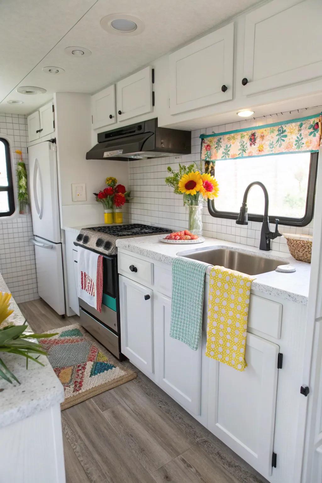 Light-colored tiles make your RV kitchen feel open and airy.