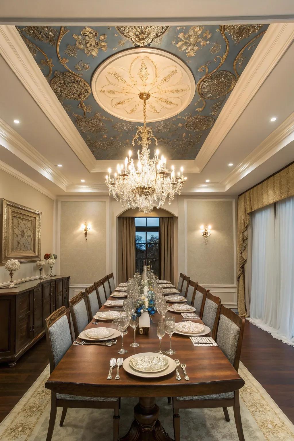 A formal dining room showcasing a contrasting painted tray ceiling.