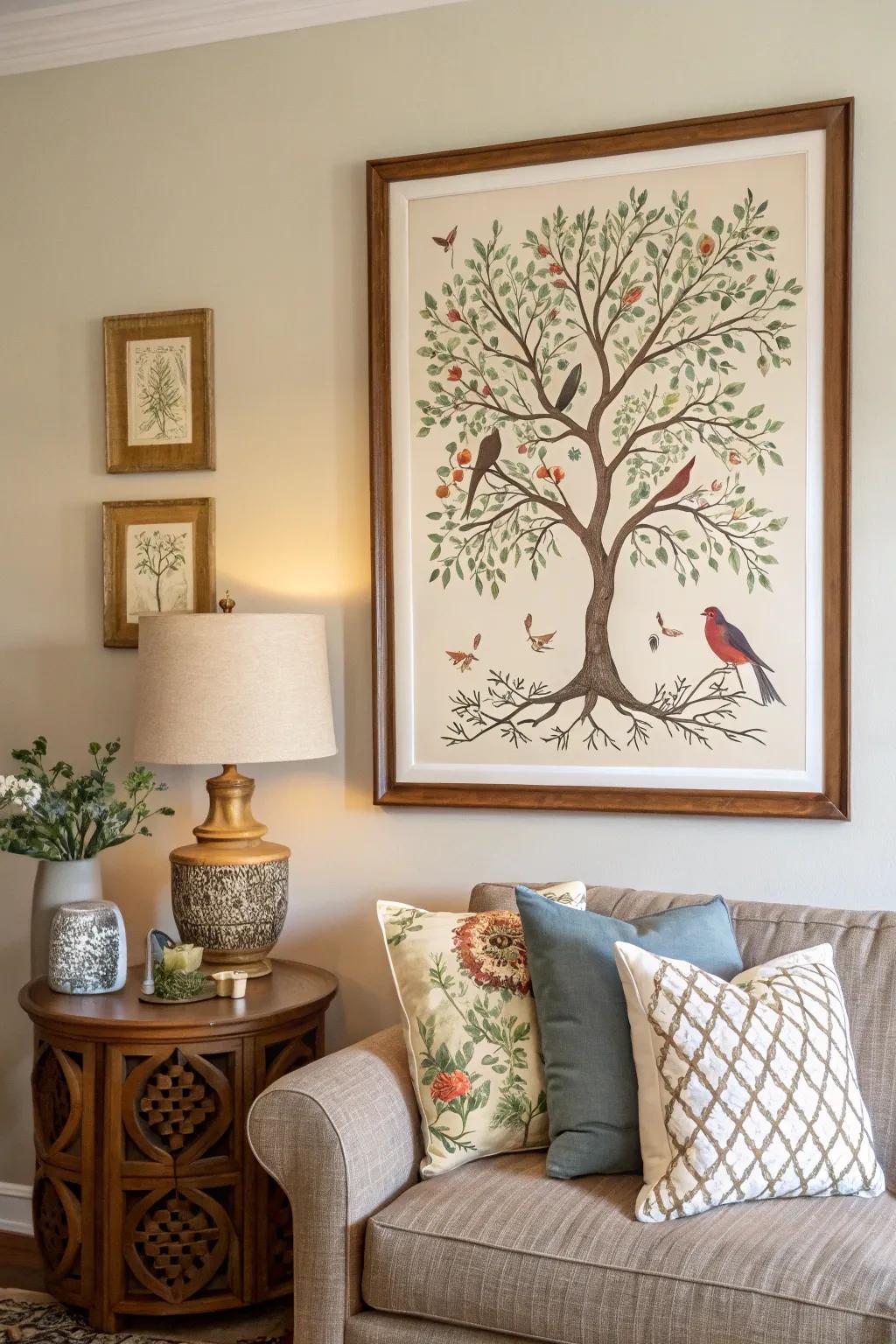 Framed Tree of Life print with songbirds brightens a living room wall.