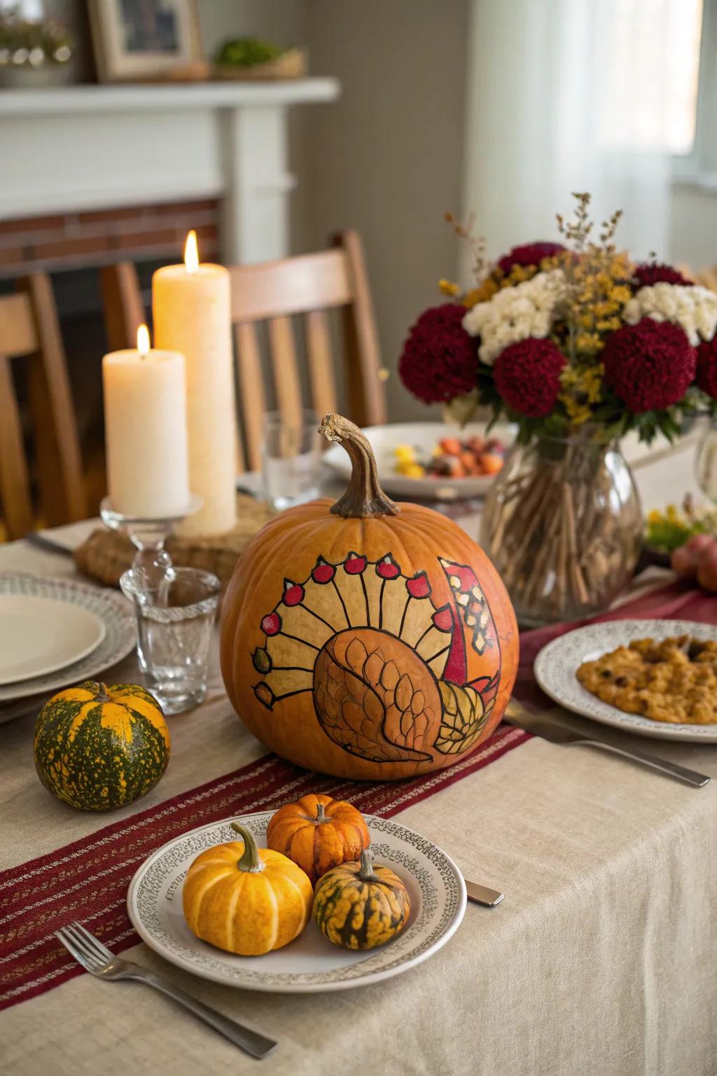 Paint your way to a unique turkey pumpkin design.