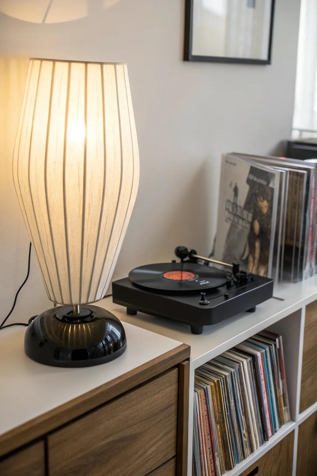 Minimalist light fixture complementing a modern turntable.