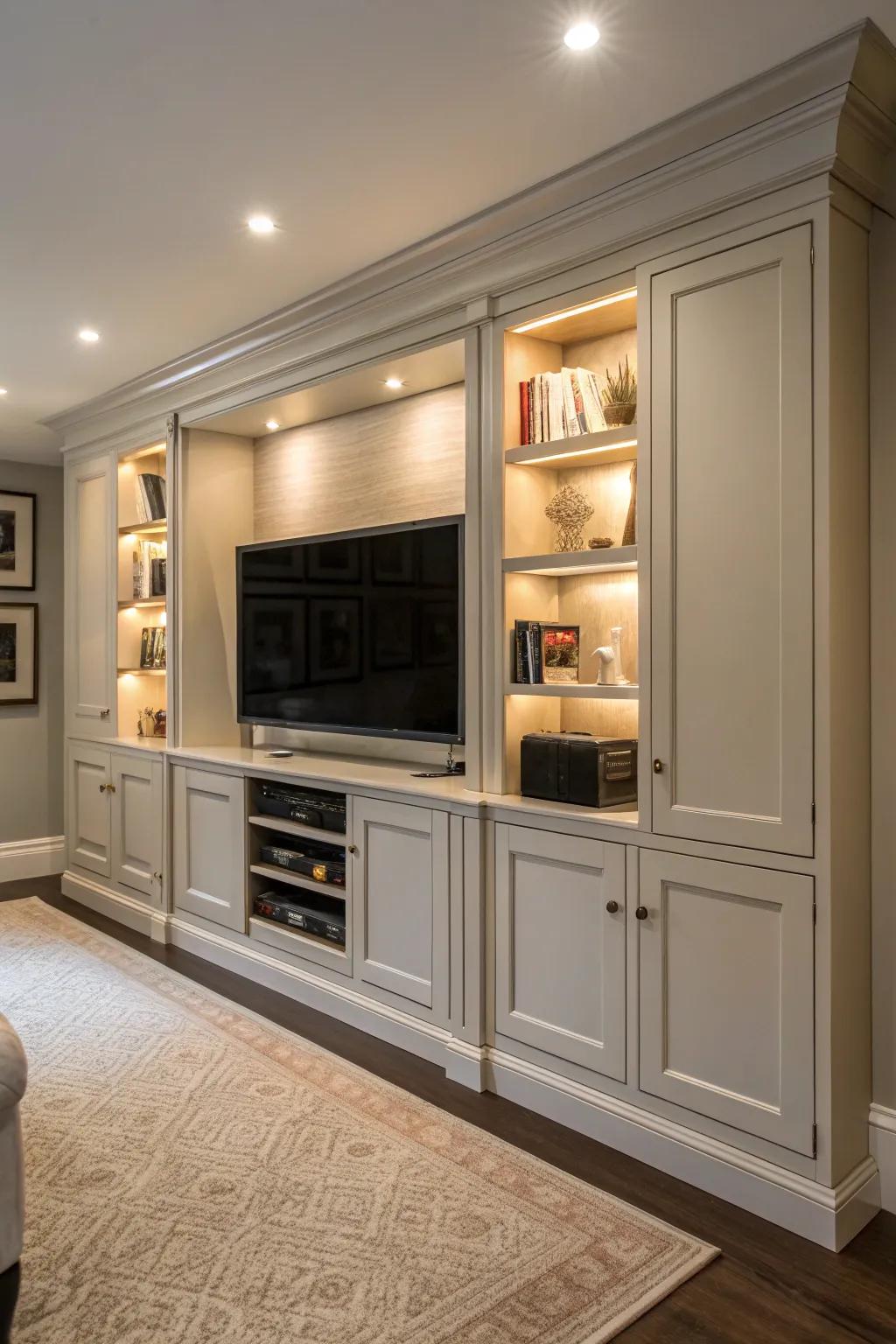 Custom cabinetry offers beauty and functionality for TV walls.