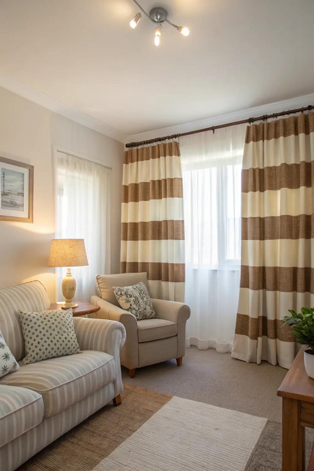 Vertical stripes in two tone curtains creating height in a compact living room.