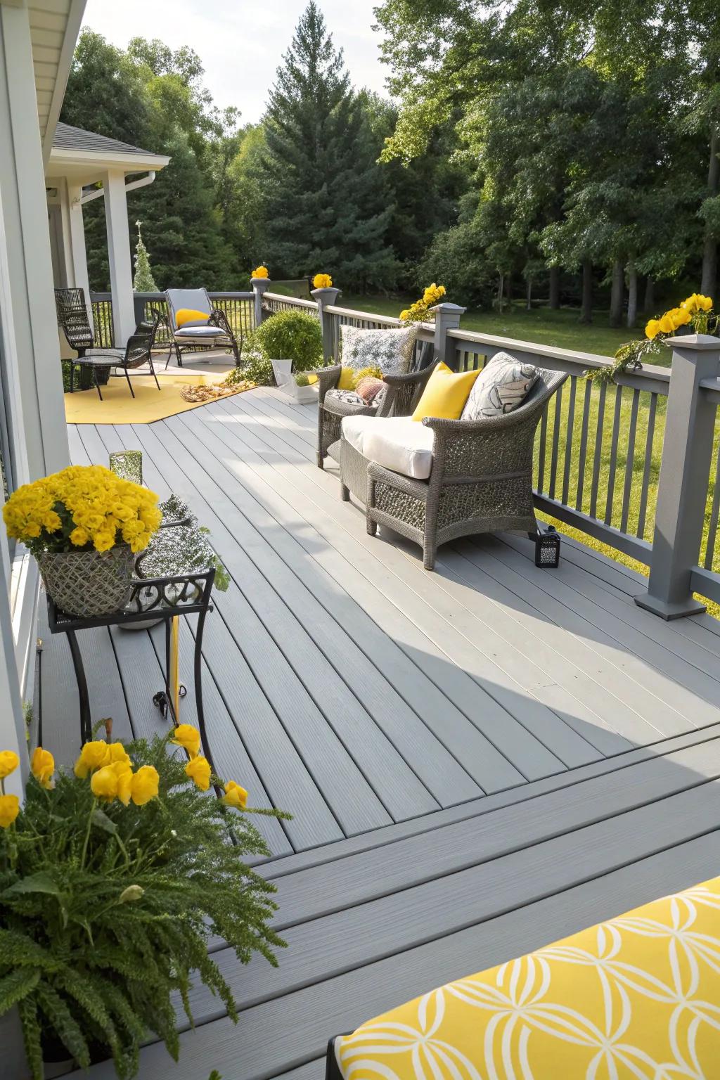 Sunny yellow and soft gray create a warm and welcoming outdoor space.