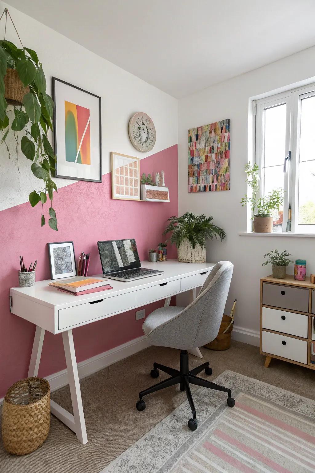 Vibrant pink and white walls energize this creative home office.