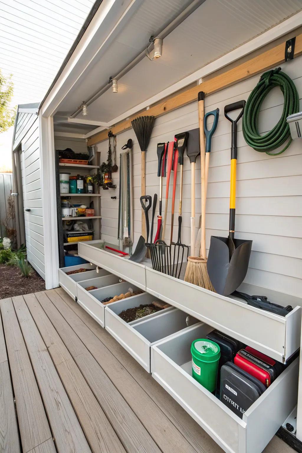 Sliding drawers provide ample space and accessibility for storage under the deck.