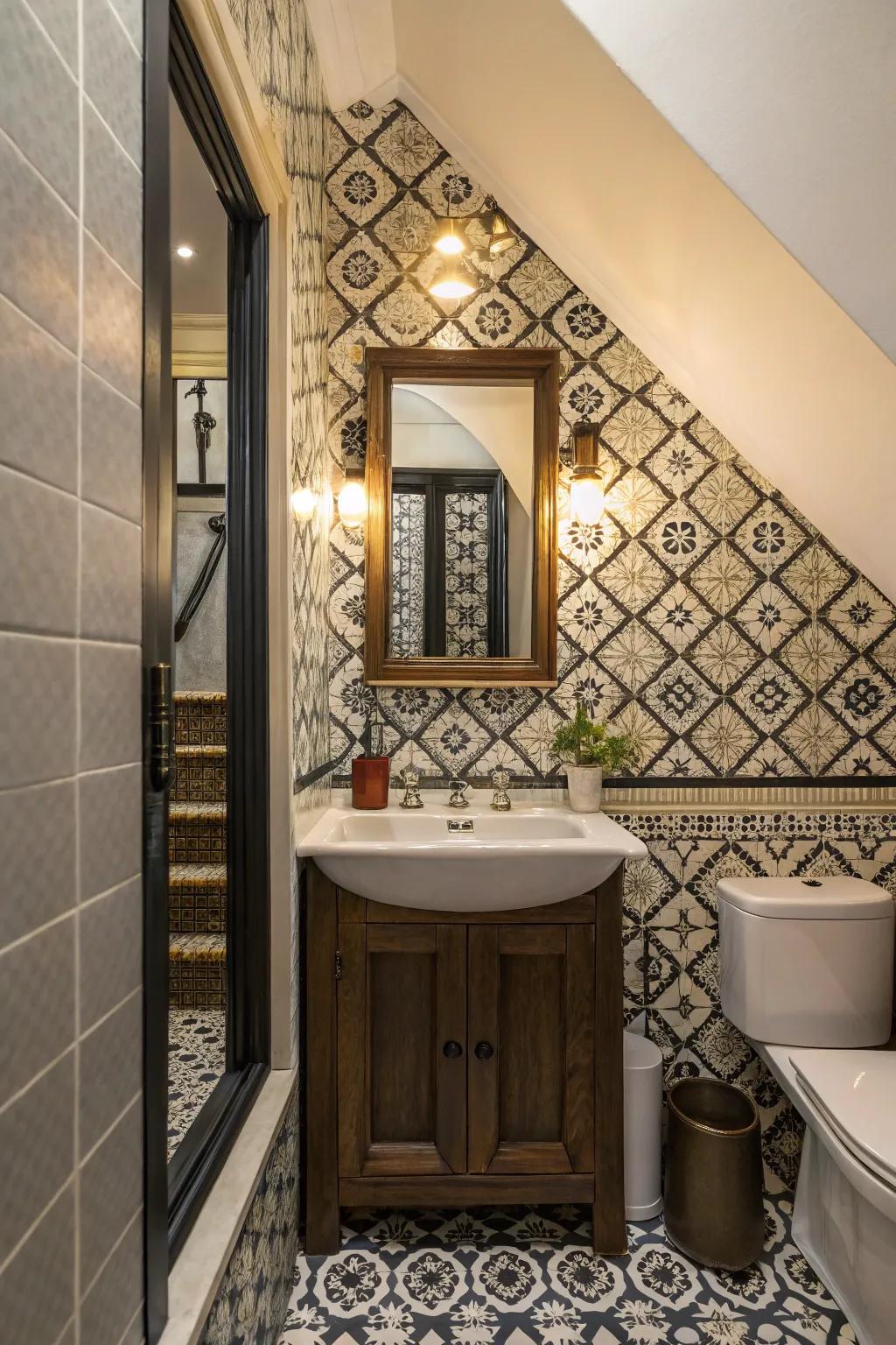 An under-stair bathroom featuring a bold tile pattern and a statement mirror.