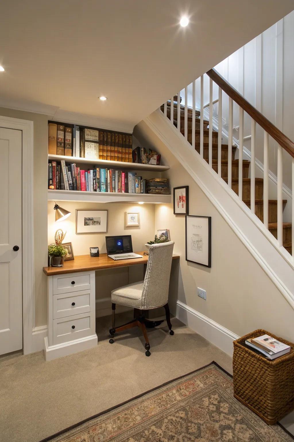 A mini home office under the stairs maximizes unused space.