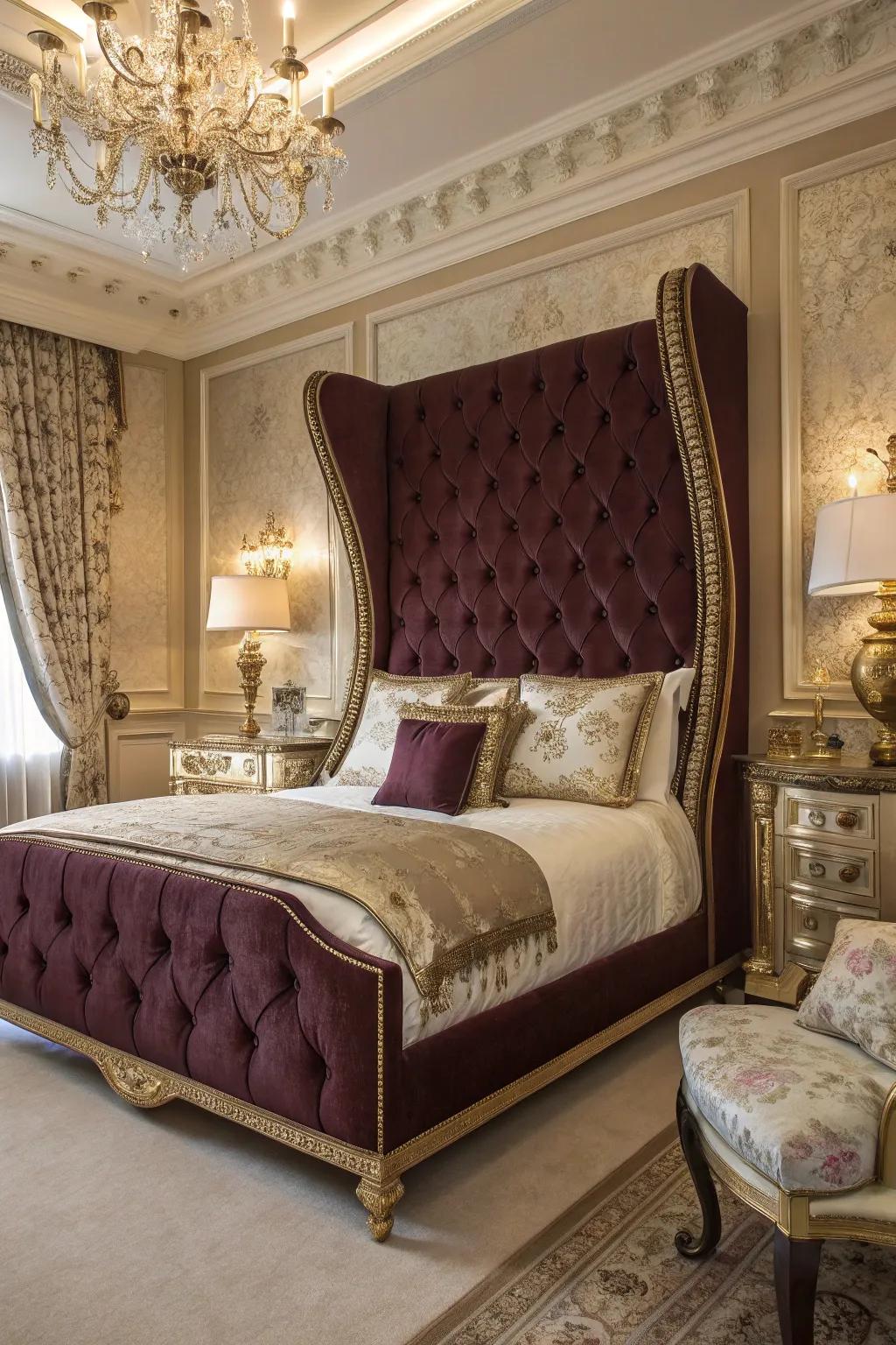 A wingback headboard brings a touch of drama to this glamorous room.