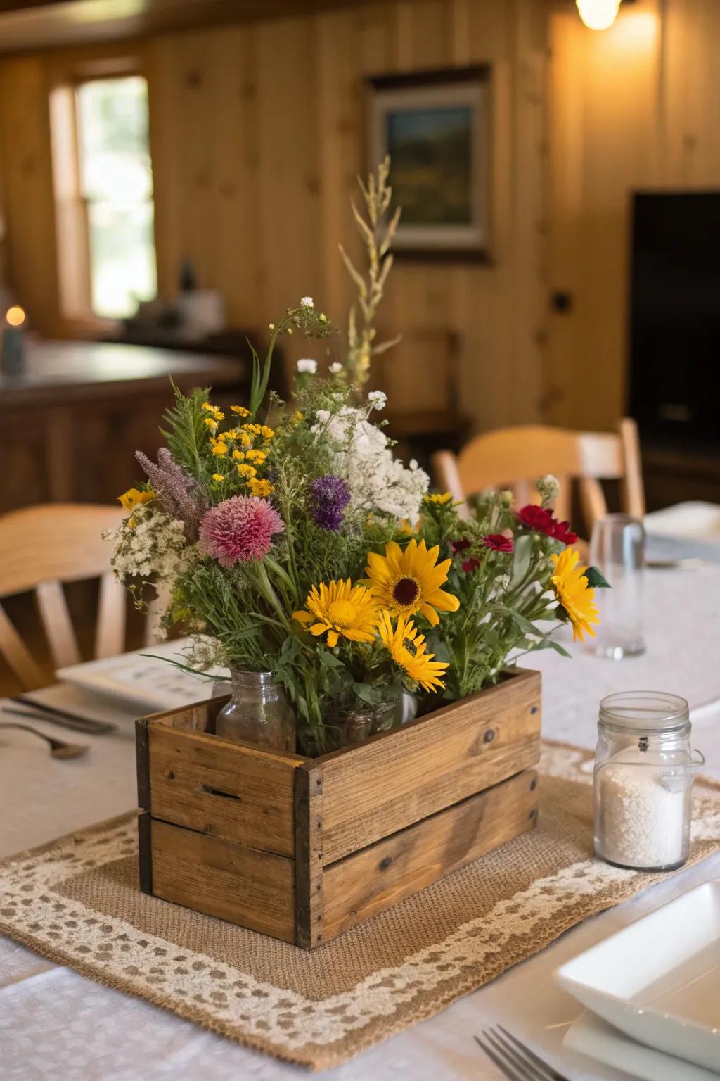 Wildflowers and wood create a cozy, rustic charm.
