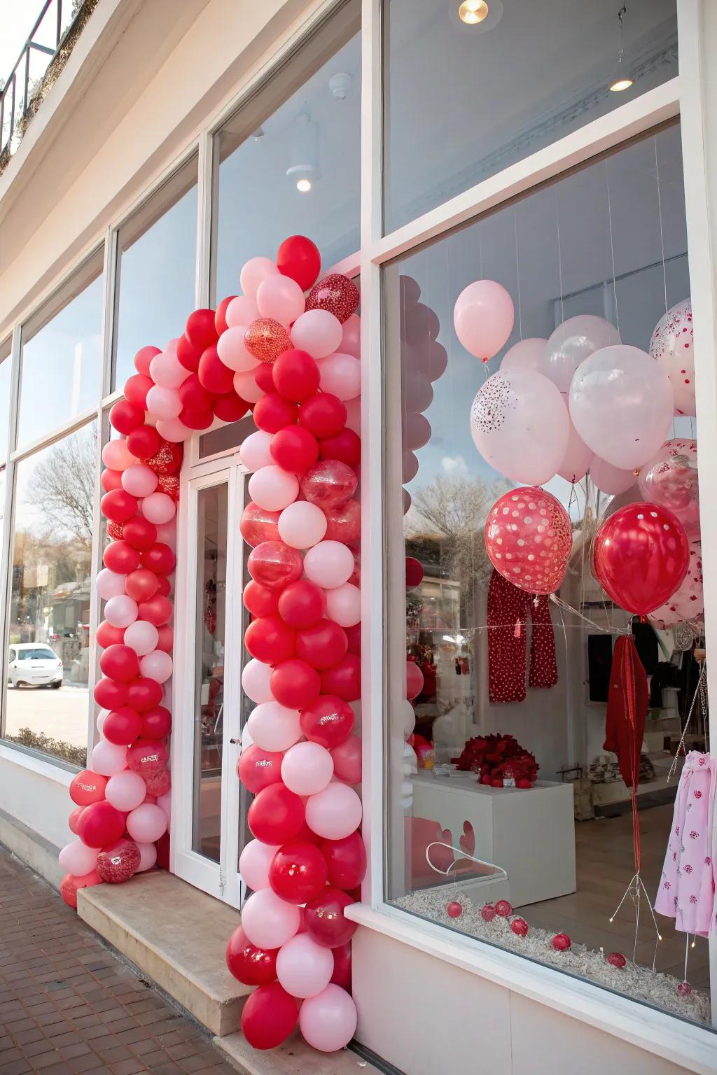 A festive balloon display adding whimsy to a Valentine's Day store window.