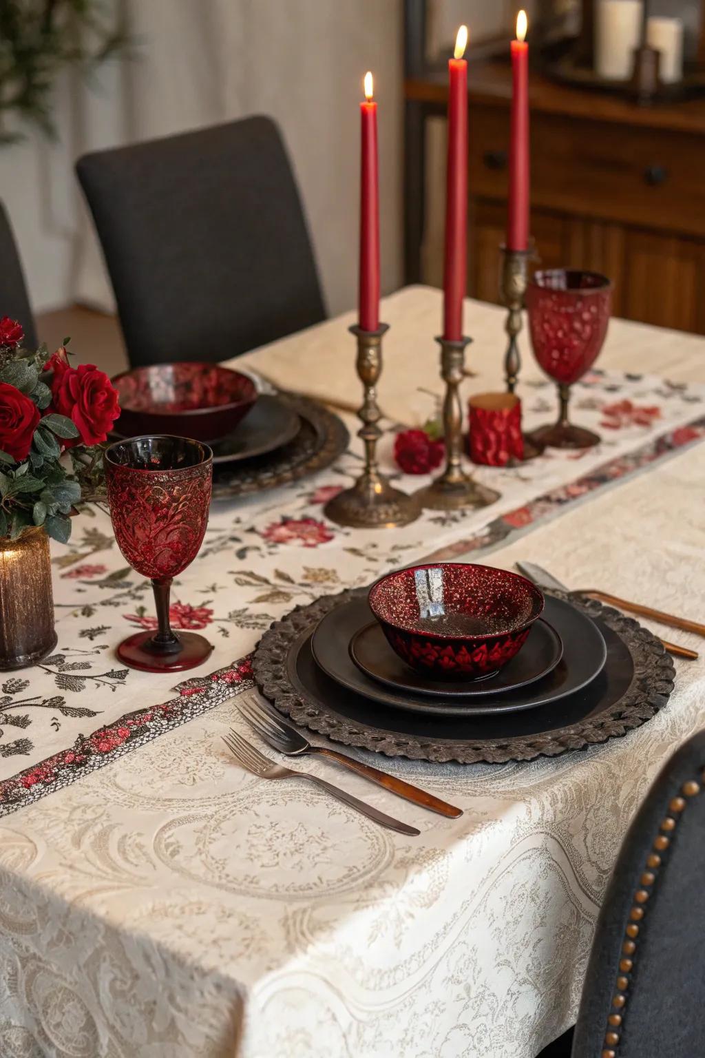 Victorian table settings elevate your vampire dinner experience.