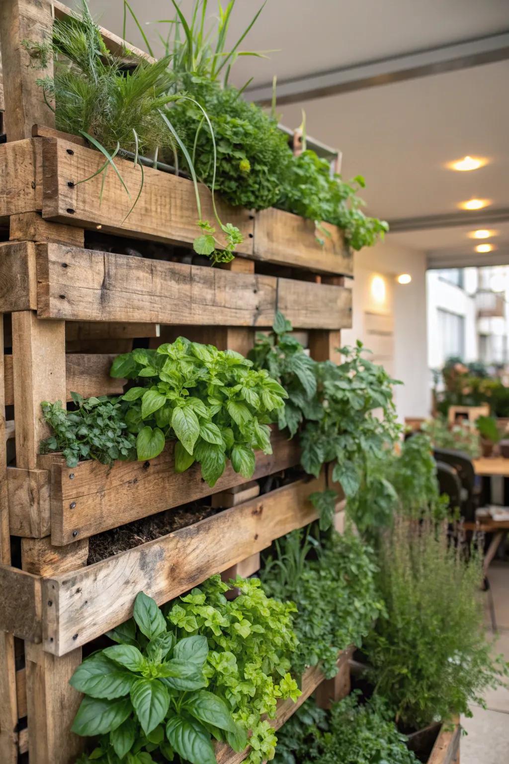 A DIY pallet garden filled with fresh herbs.