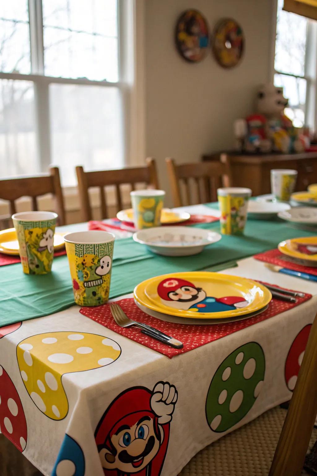 Themed table settings enhance the party experience.