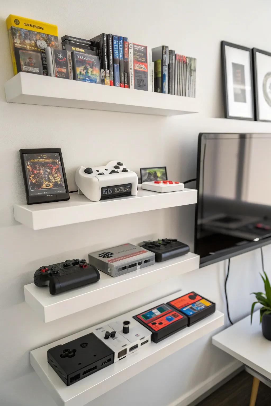 Floating shelves offering a minimalist display for video games.