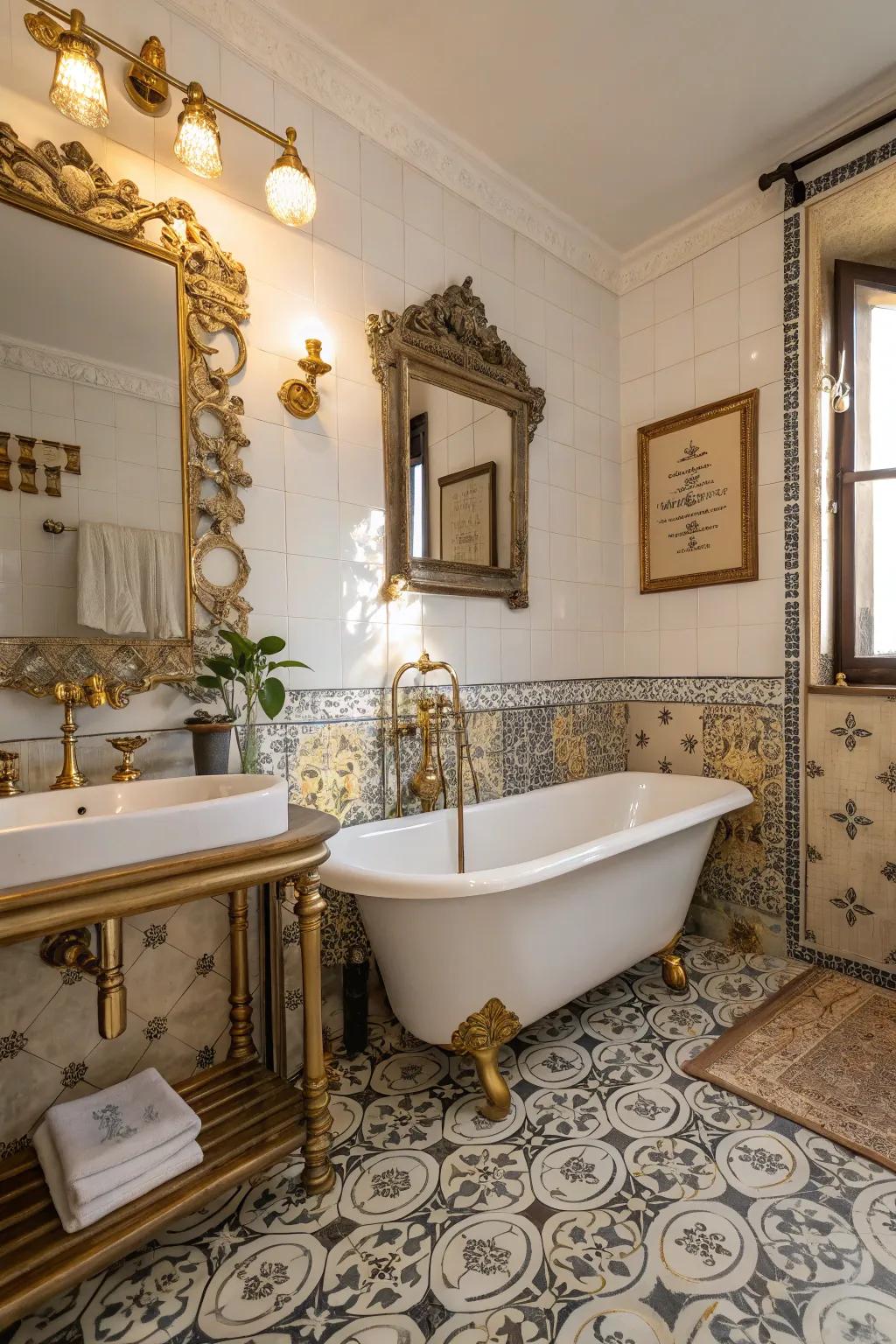 Gold and brass fixtures add timeless elegance to vintage bathrooms.