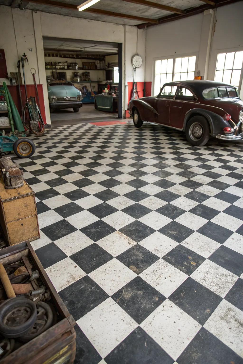 Checkerboard flooring brings a timeless appeal to a vintage garage.