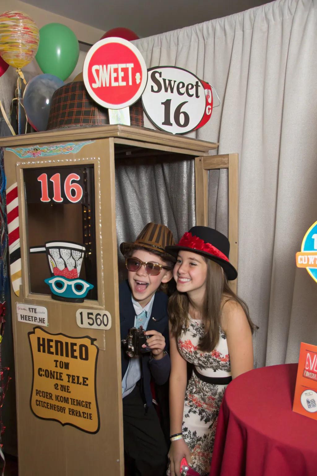 Guests enjoying a vintage photo booth with retro props.