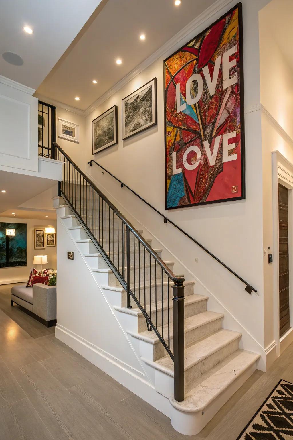 A statement art piece can transform your staircase wall into a focal point.