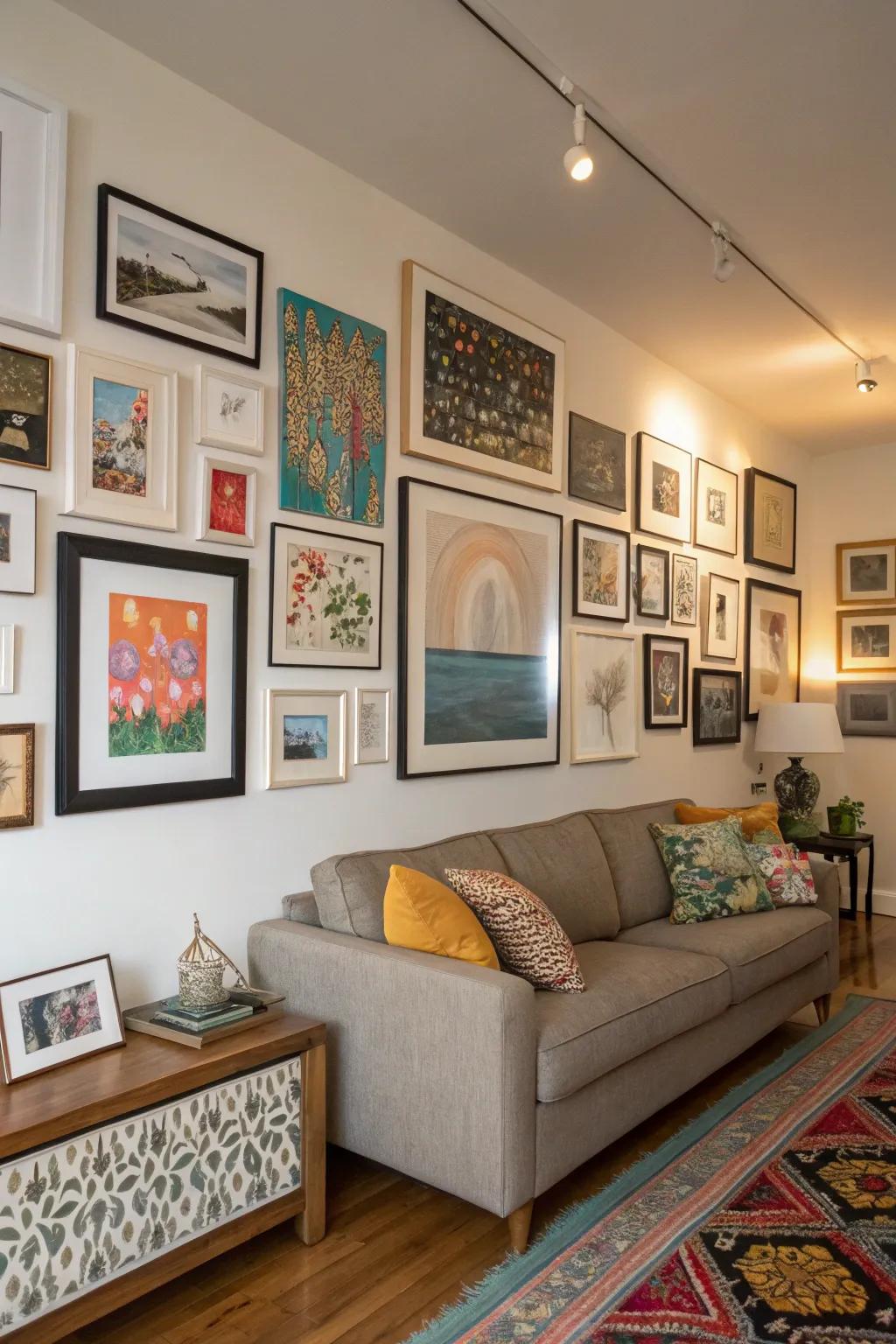 A vibrant and eclectic wall art display.