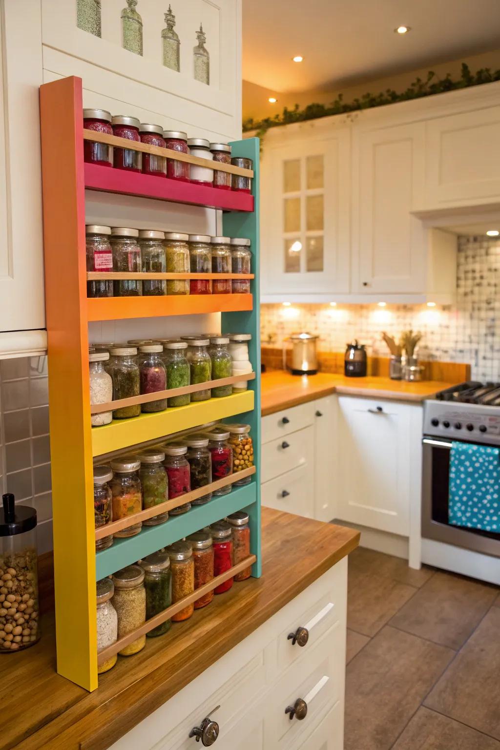 Bring life to your kitchen with colorful spice racks.