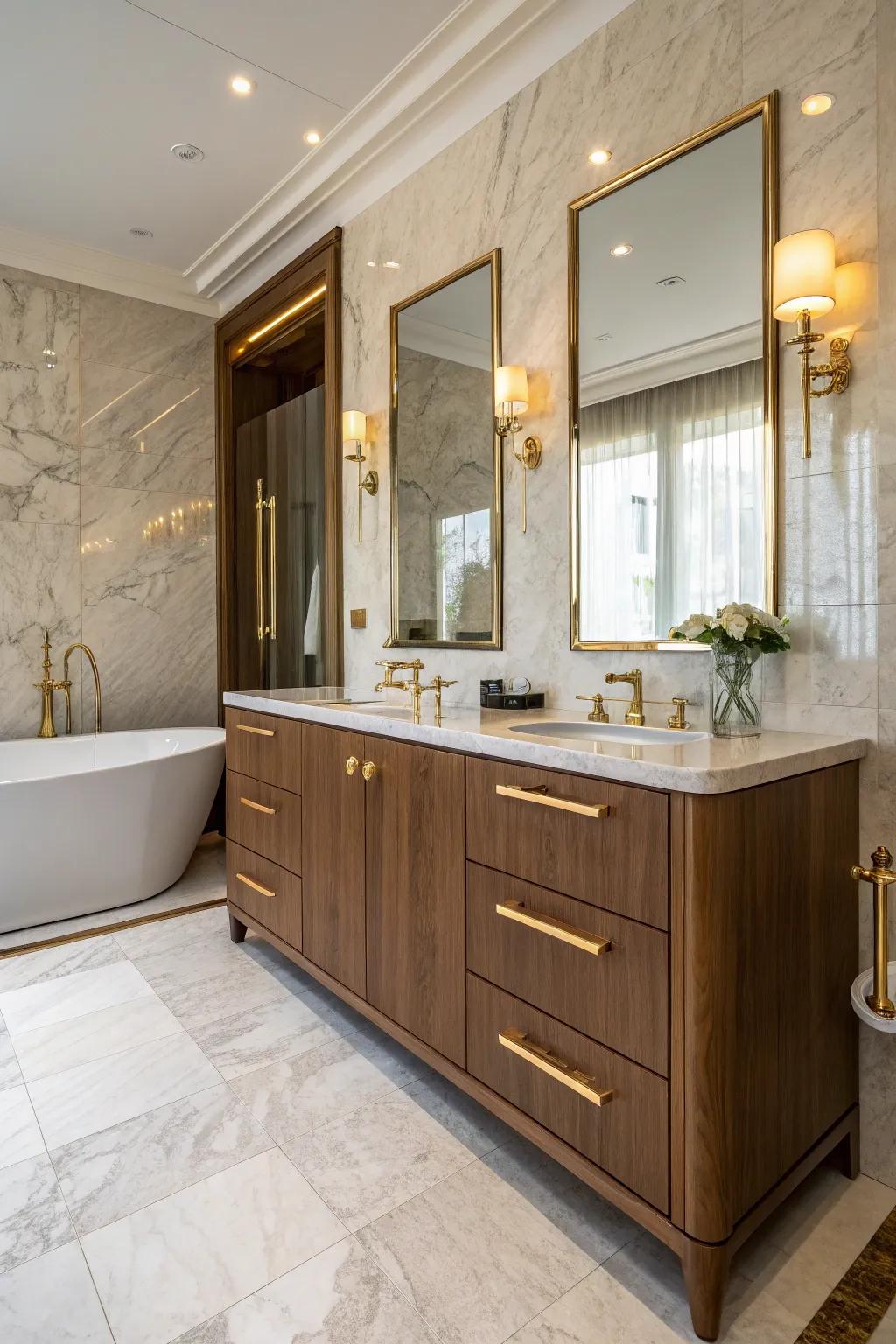 Elevate your bathroom with elegant fixtures that complement your walnut vanity.