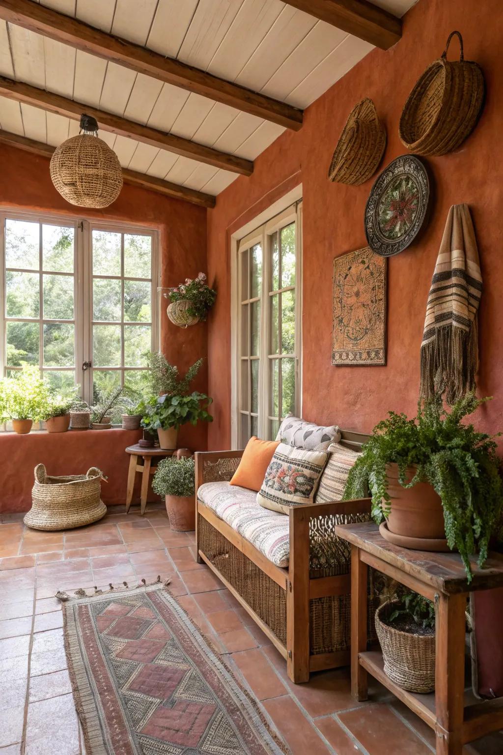 Sunroom with warm terracotta walls, offering an earthy and cozy retreat.