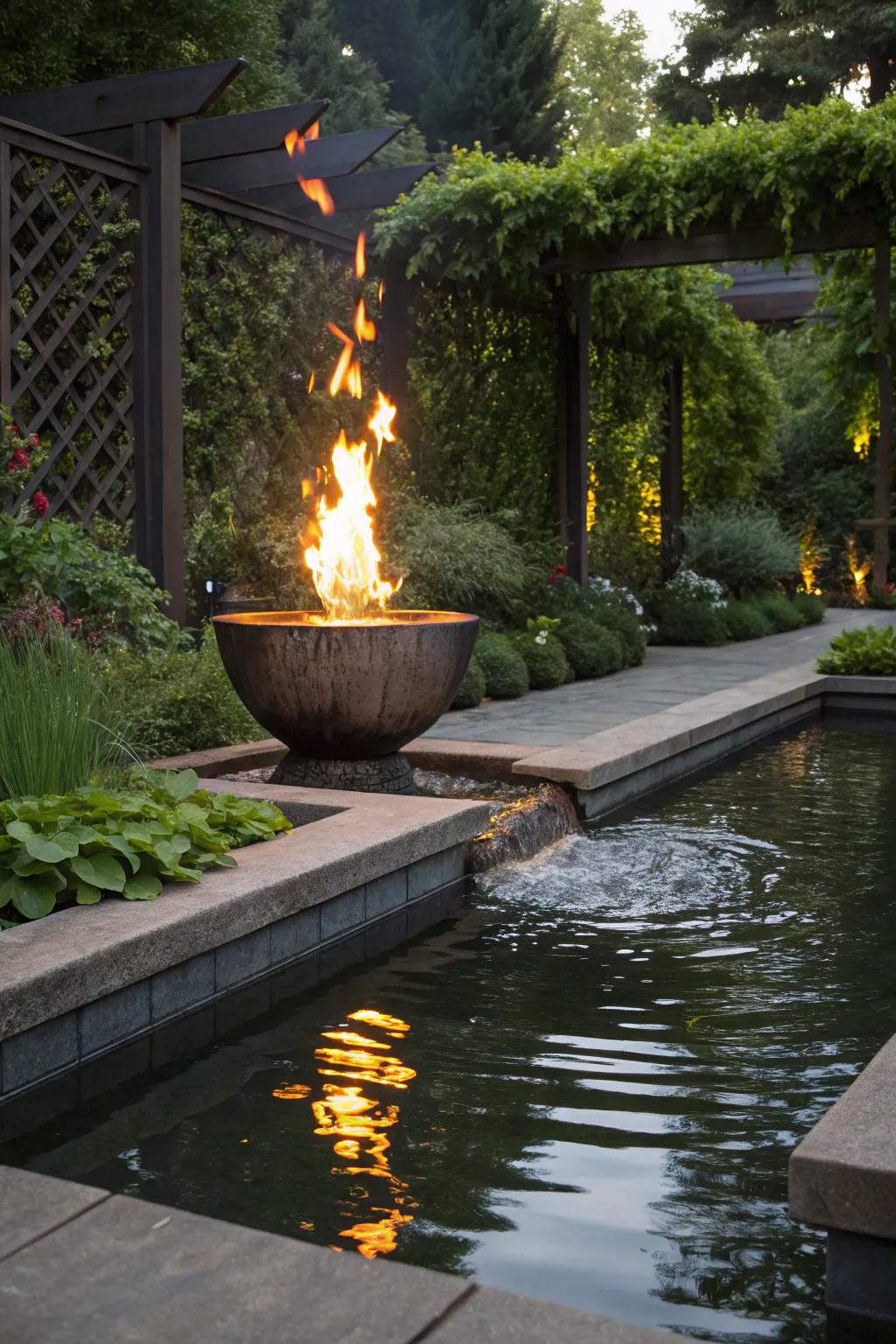 Fire and water combos create stunning contrasts and focal points in outdoor spaces.