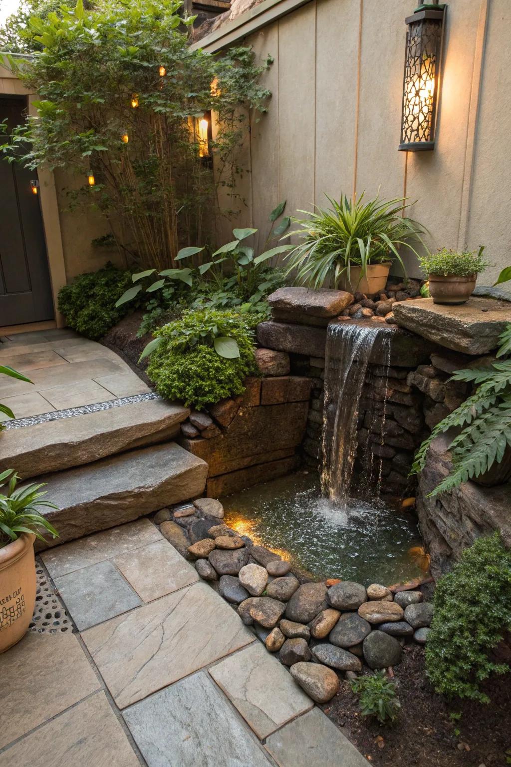 A small, charming stone waterfall in a cozy patio space.