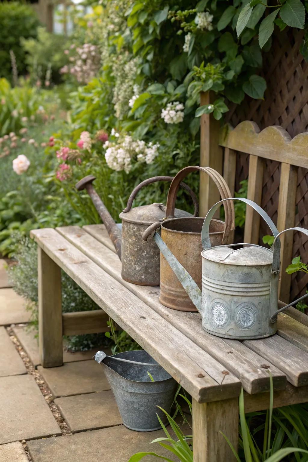 Vintage watering cans adding rustic charm to a garden.