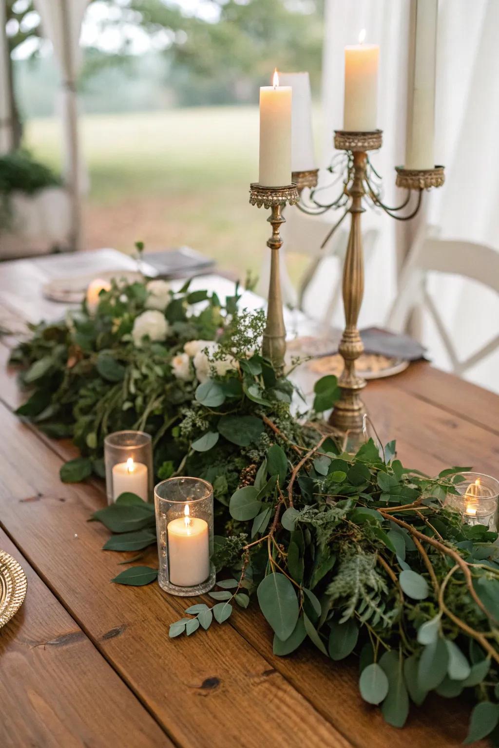 Greenery and candles creating an organic centerpiece.